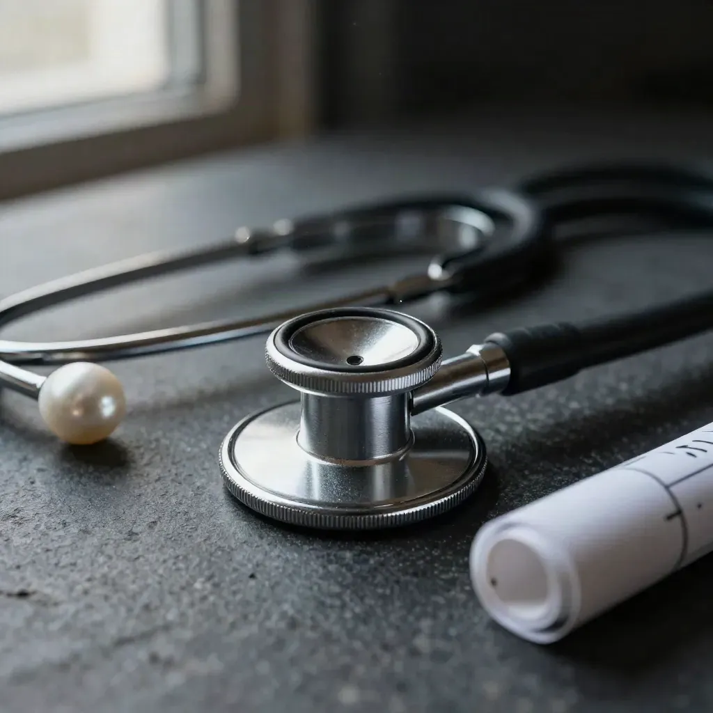 Macro still life of a stethoscope chestpiece, penlight, and exam roll on dark stone.