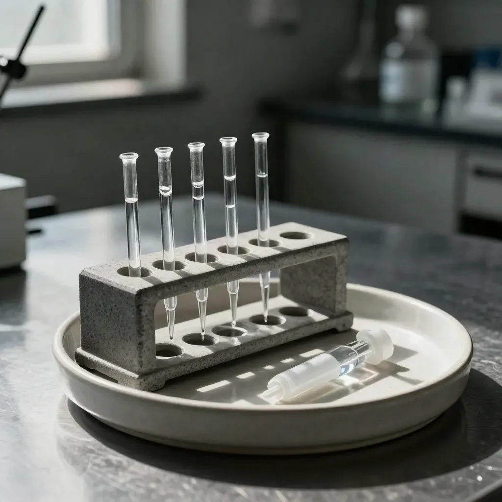 Lab pipettes, sample rack, and sealed cryovials in a moody brushed-metal still life.