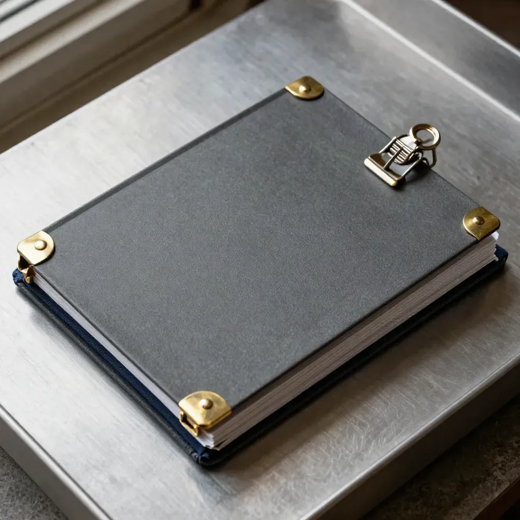 Graphite ledger with brass corners and clipped archival cards on a dark cloth surface.