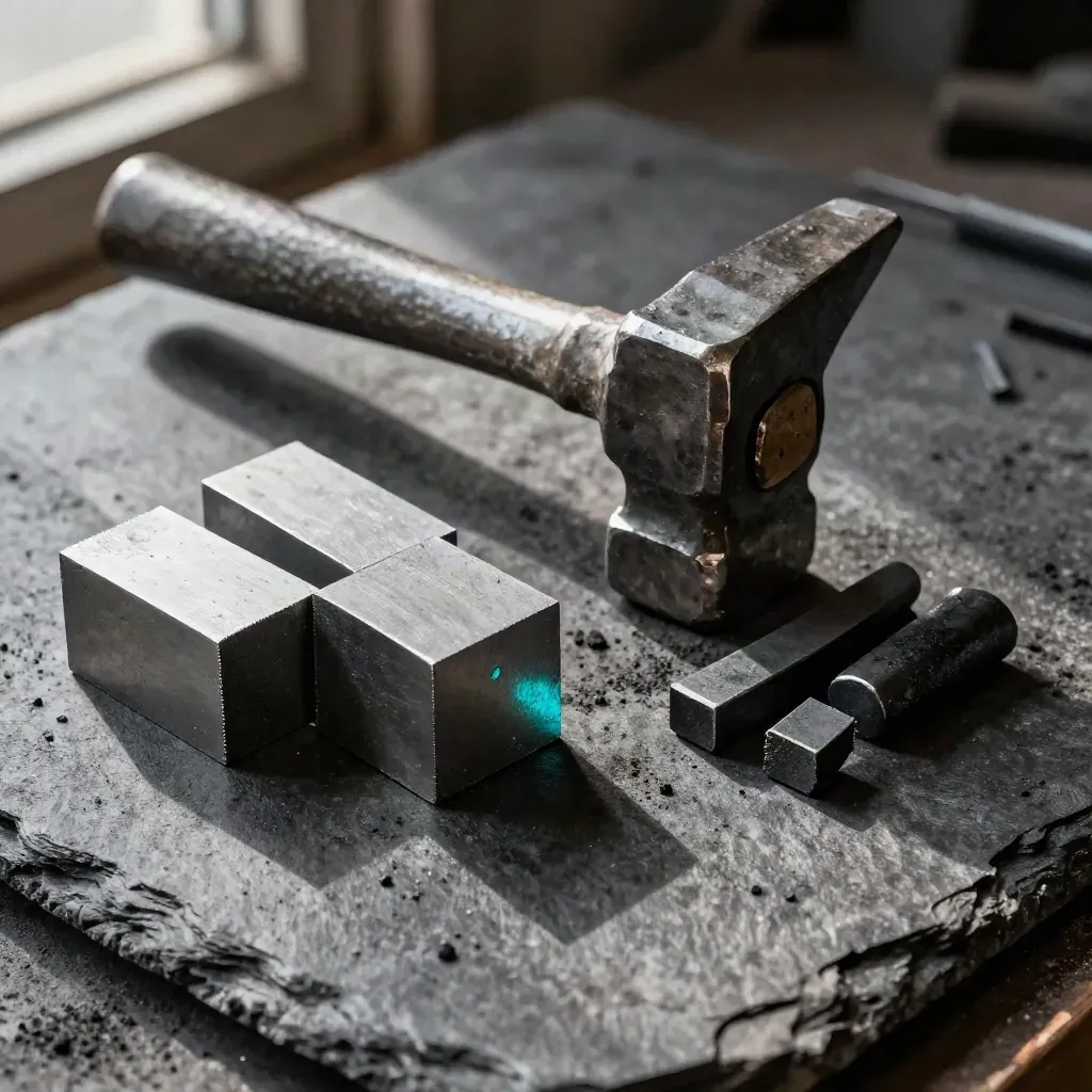 Steel sample blocks, forge hammer, and metal offcuts on charred slate under raking light.