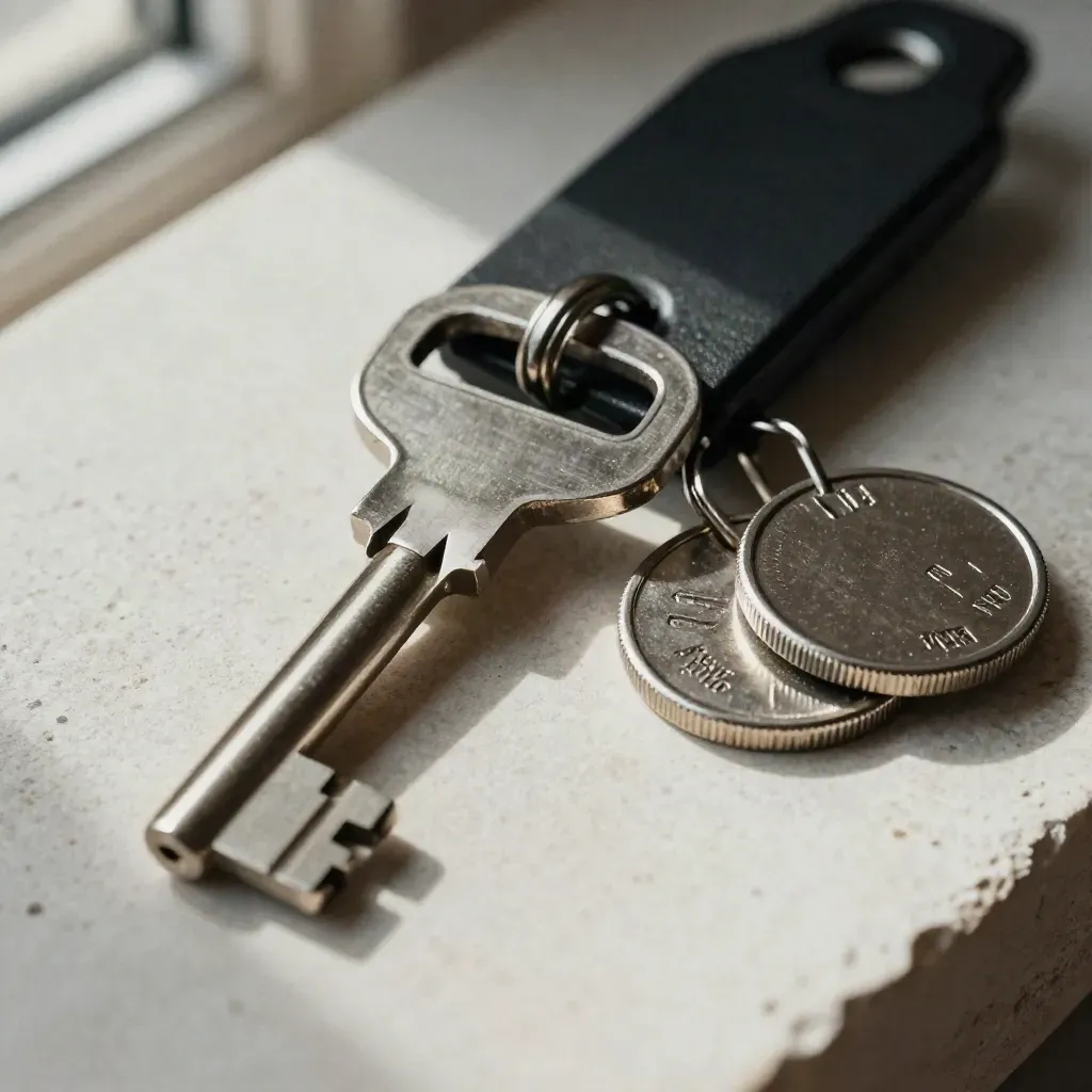 Vault key, sleeve, and security tokens on pale stone in a macro finance still life.