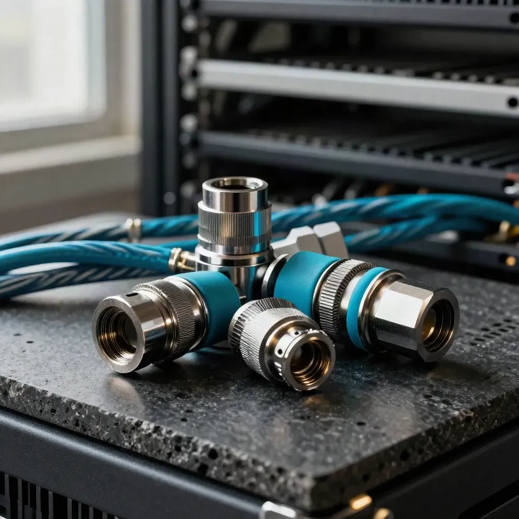 Machined connector hub with braided cables and spacer block on dark stone, lit like a premium ad.