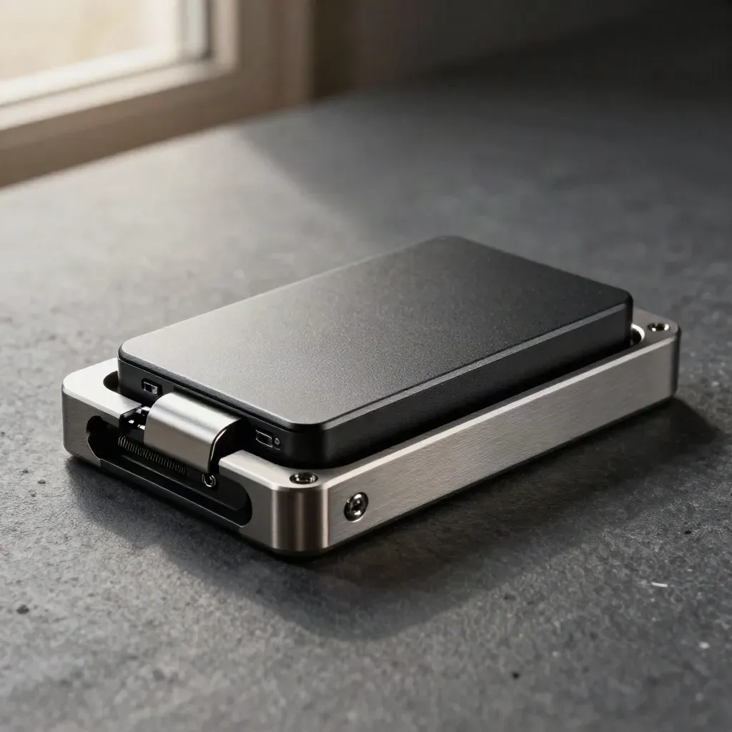 Encrypted SSD dock with spare sleds on graphite stone, macro product still life