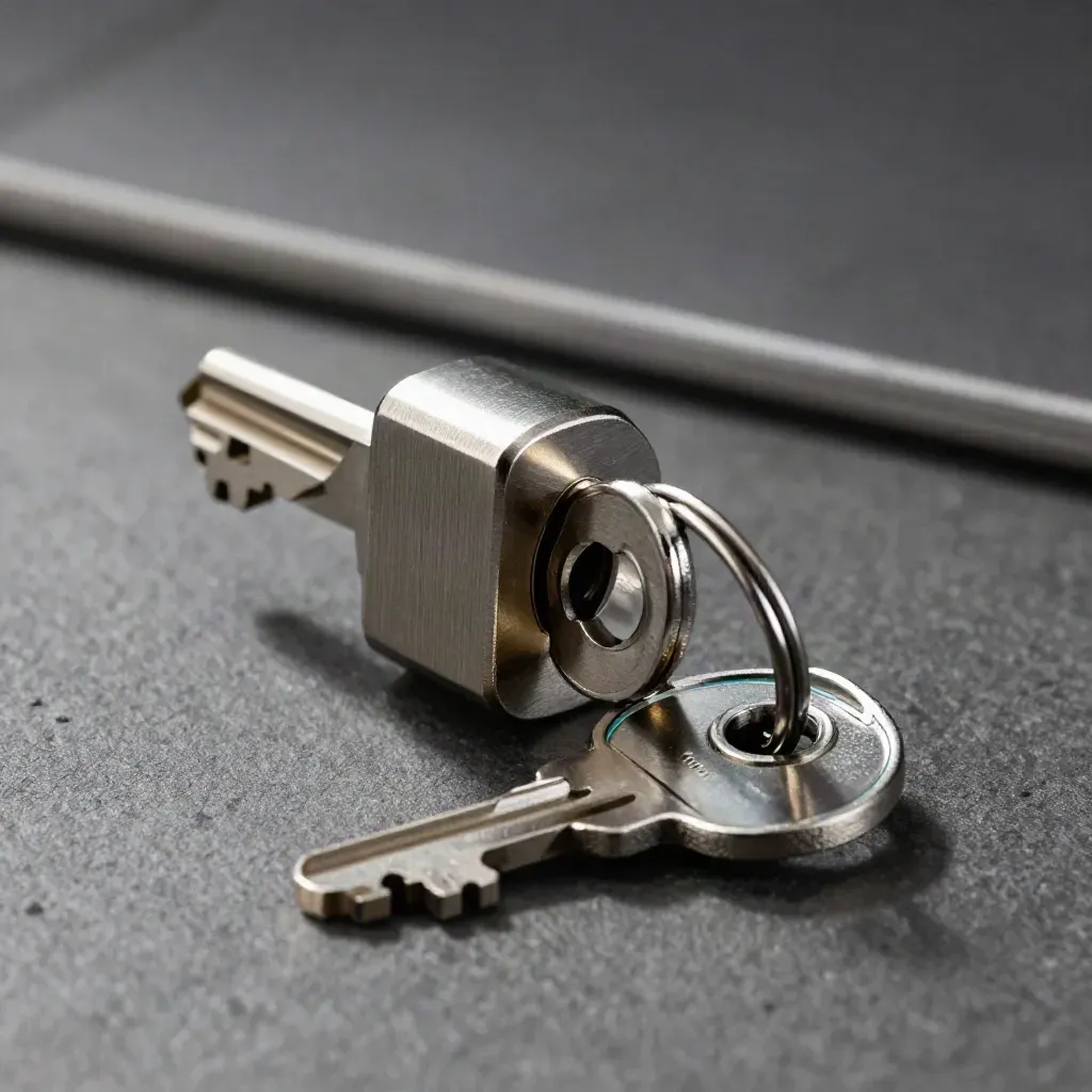 Lock cylinder and two keys on graphite stone, one key paused at the face.