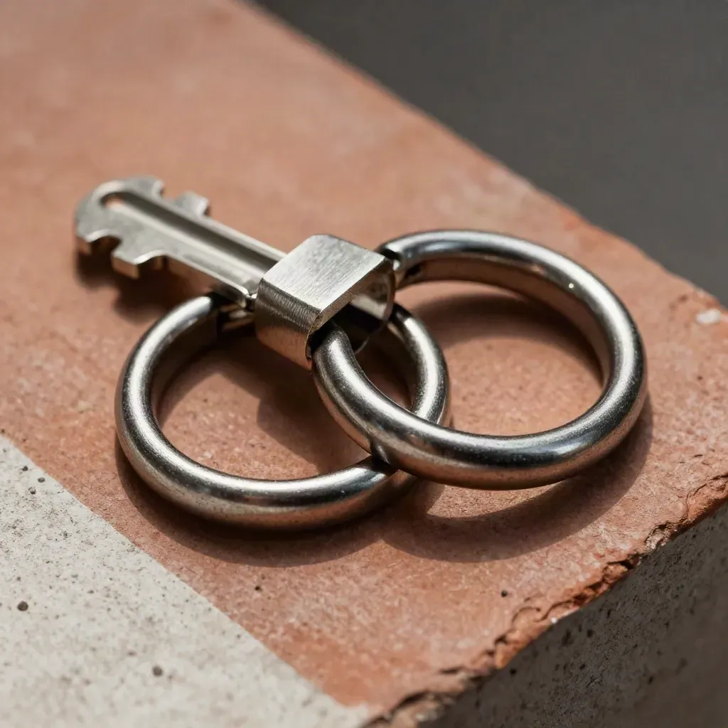 Linked stainless security rings and a spring clasp on a terracotta clay surface