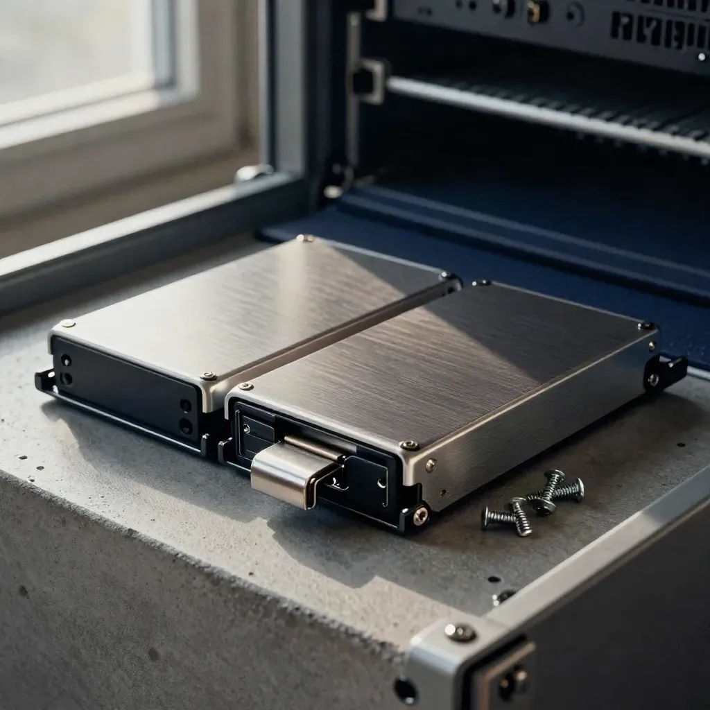 Two mirrored backup drive cartridges in a RAID caddy on a matte concrete bench.