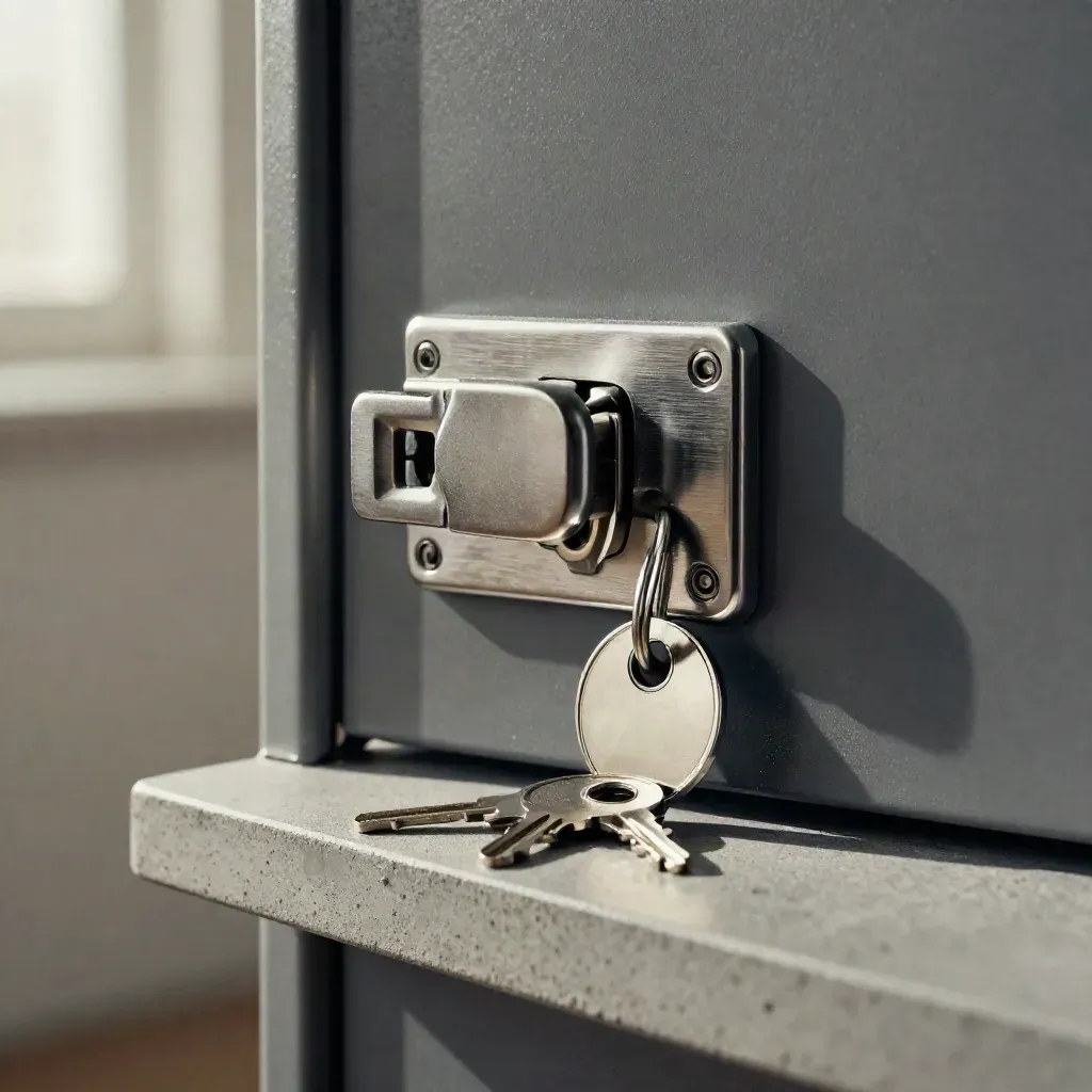 Locked steel key cabinet latch with three blank keys on a concrete surface