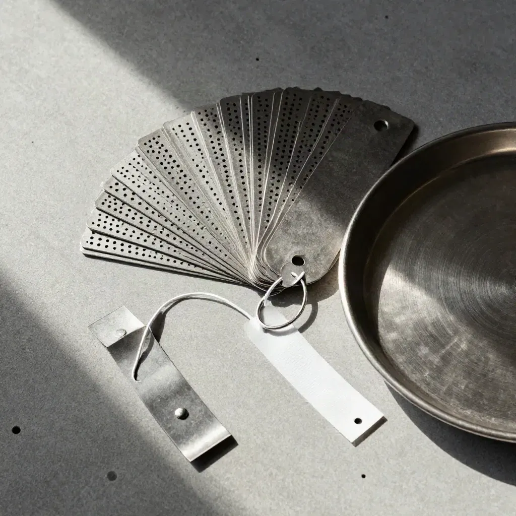 Archive tags and seal strip on a steel tray over concrete.