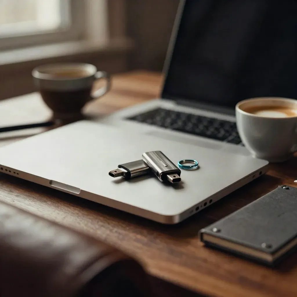 Closed laptop, encrypted drives, pitch binder, and espresso cup on walnut in warm haze.