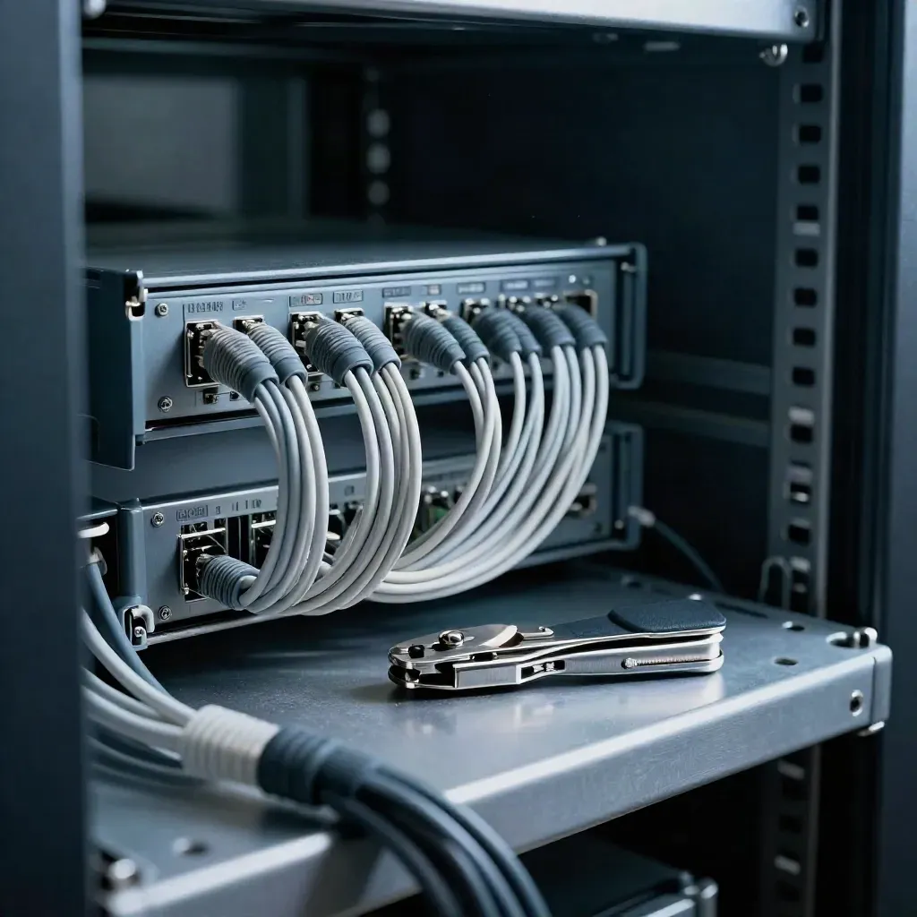Patch panel, fiber leads, crimping tool and key fob on a server shelf in cool haze.