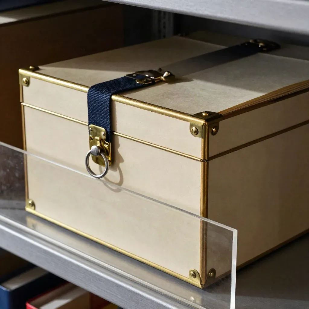 Archival box, sealed folders, steel ring, and acrylic divider on a dim compliance shelf.