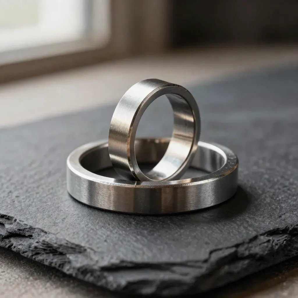 Top-down macro of interlocked metal rings and spacer blocks on dark slate