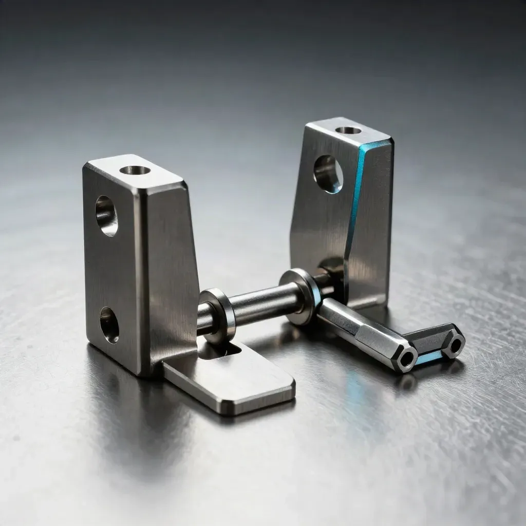Machined brackets, pin and hex driver on brushed steel, lit dramatically against a dark studio falloff.