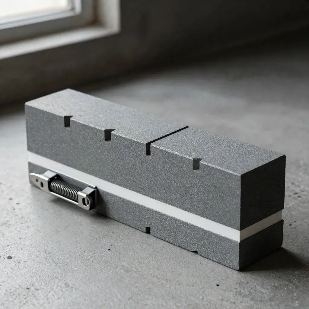 Graphite modular blocks, clamp, and white spacer strip on concrete, sharply lit