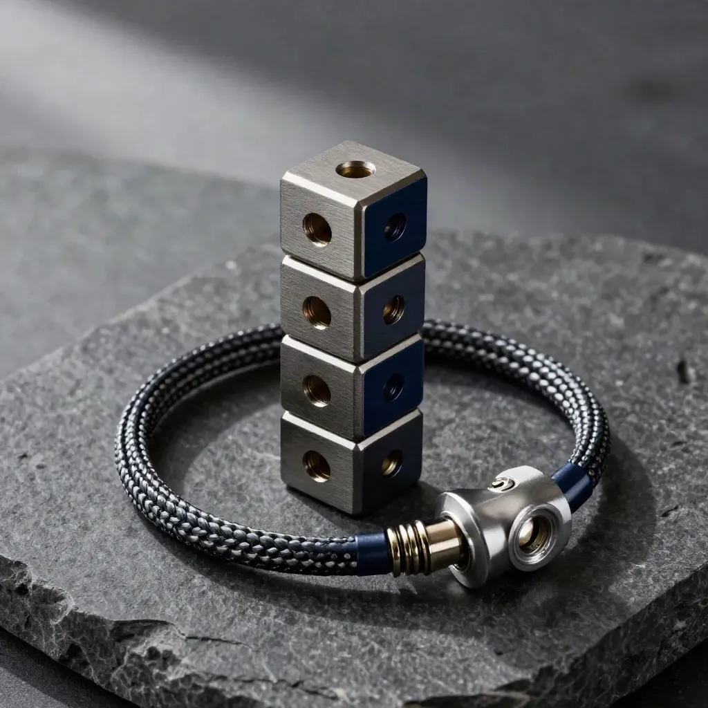 Stacked connector cubes and cable on dark stone, overhead, premium hardware still life.