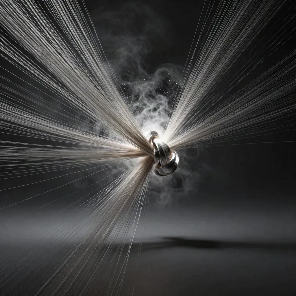 Silver light filaments knot into a soft white bloom in a dark graphite void.